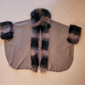 Chic Faux Fur Trimmed Poncho - Black and Brown